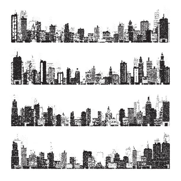 Stippled city silhouettes. Cityscape, town skyline. Midtown, downtown with buildings, houses and skyscrapers. Stippling, dot drawing and shading, stipple pattern, halftone effect. Vector illustration Stippled city silhouettes. Cityscape, town skyline. Midtown, downtown with buildings, houses and skyscrapers. Stippling, dot drawing and shading, stipple pattern, halftone effect. Vector illustration. new york skyline drawing stock illustrations