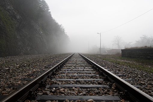 Railway tracks in a foggy morning, Branik, Slovenia