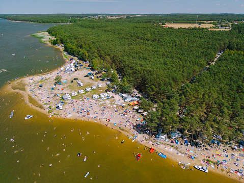 Aerial view of crowded  beach at Sulejowski Reservoir, Poland