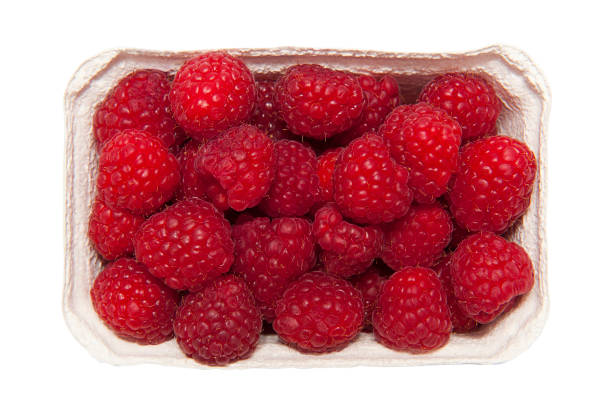 Top view of fresh raspberries isolated on white background