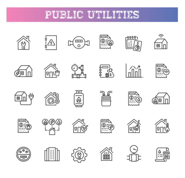 Set of line icons related to public utilities Set of public utilities simple outline icons. Gas, electricity, water, heating public utility stock illustrations
