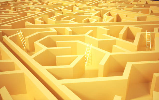 istock Triangle Shaped Maze Staircase with Yellow Color and Neon Lights 2135685448