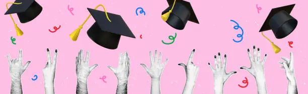 Vector illustration of Horizontal banner on the graduation theme in retro collage style. Hands with a halftone effect throw graduation hats into the air. Happy graduation day.