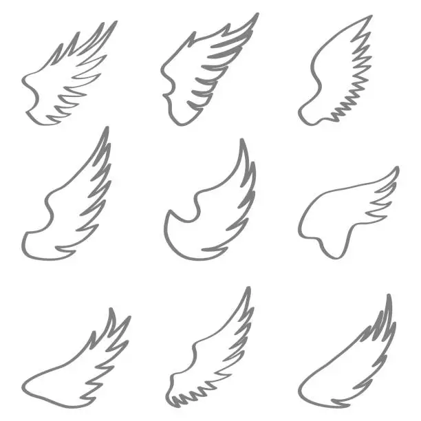 Vector illustration of Angel wings, set of angel wings silhouettes isolated on white background. Vector, design illustration. Vector.