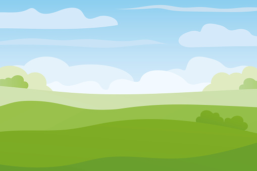 spring, summer landscape with green meadows and sky with clouds; can be used as a backdrop for seasonal promotions, nature-inspired marketing campaigns, websites, social media posts- vector illustration