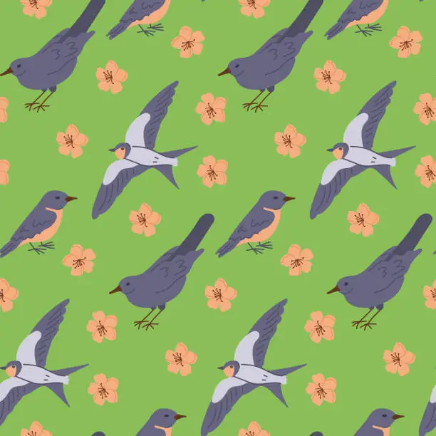 Vector illustration of Spring floral seamless pattern with flat birds