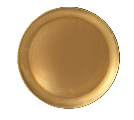 Top view of golden plate isolated on white background with clipping path. Empty gold round flat plate flat lay. Mock up template for food poster design.