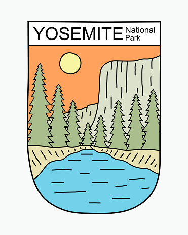 View of El Capitan Yosemite National Park flat mono line design for t shirt badge sticker illustration