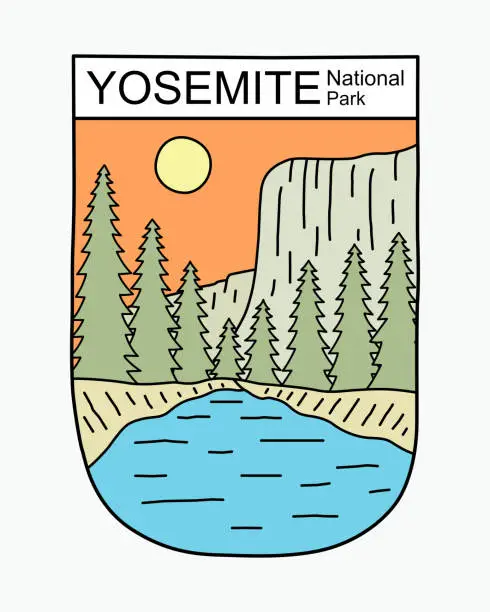 Vector illustration of View of El Capitan Yosemite National Park flat mono line design for t shirt badge sticker illustration