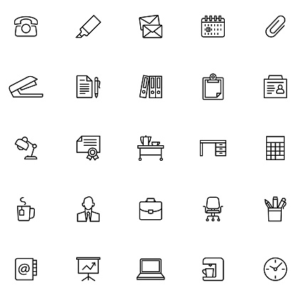 Vector Workspace Icons in Vector. Office Stuff, Things Used in Office.