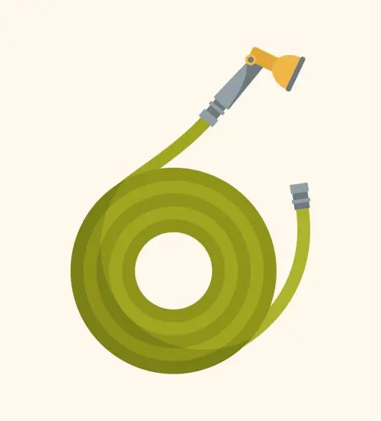 Vector illustration of Green garden hose for watering, vector flat illustration