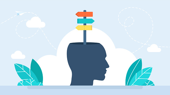 Concept of choice, strategy, direction, analysis in business. A traffic sign in the head of a man. Multidirectional pointers on a signpost. Man wondering what direction to follow. Flat illustration