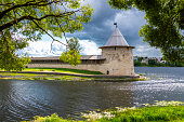 View of the Ploskaya Tower of the Pskov Kremlin from the park, Pskov, Russia
