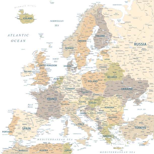 Europe - Highly Detailed Vector Map of the Europe. Ideally for the Print Posters. Pastel Warm Colors. Retro Style Europe - Highly Detailed Vector Map of the Europe. Ideally for the Print Posters green map of norway stock illustrations