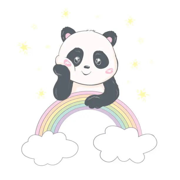 Vector illustration of Hand drawn Cute Panda unicorn and rainbow vector illustration