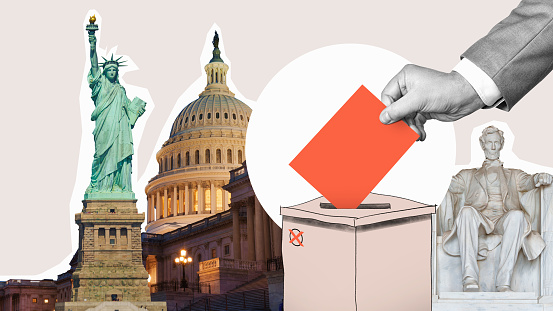 Human hand putting a red ballot paper into the ballot box. Political USA election, flat designed concept of liberty.