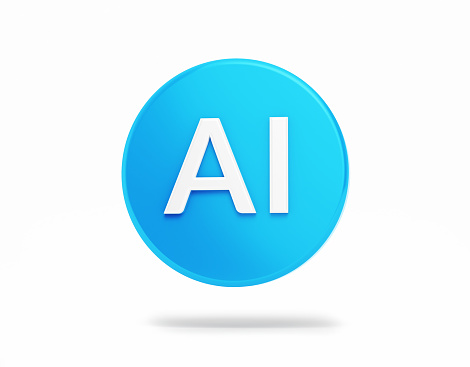 3d Artificial Intelligence Symbol on Blue Round Button, Object + Shadow Path