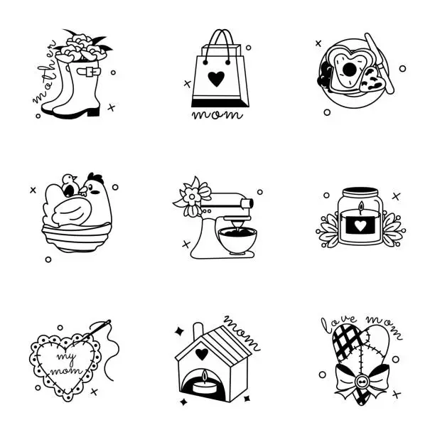 Vector illustration of Modern Glyph Stickers Depicting Mother Care