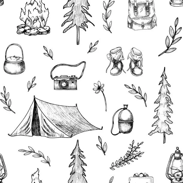 Vector illustration of Camping seamless Pattern. Vector hiking illustration on isolated background. Linear print with traveling tent, campfire and trees. Map of landscape for journey. Drawing for wrapping paper