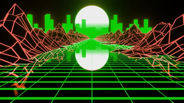 Seamless loop retro 1980s animation flying through the rocks to the sun and cyberpunk pink city. synthwave neon lights landscape. Background for music video. Video games. Old style