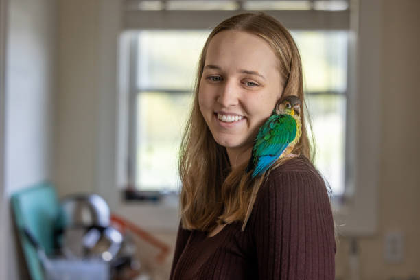 istock Green Cheek Conure and Young Woman 2135765392