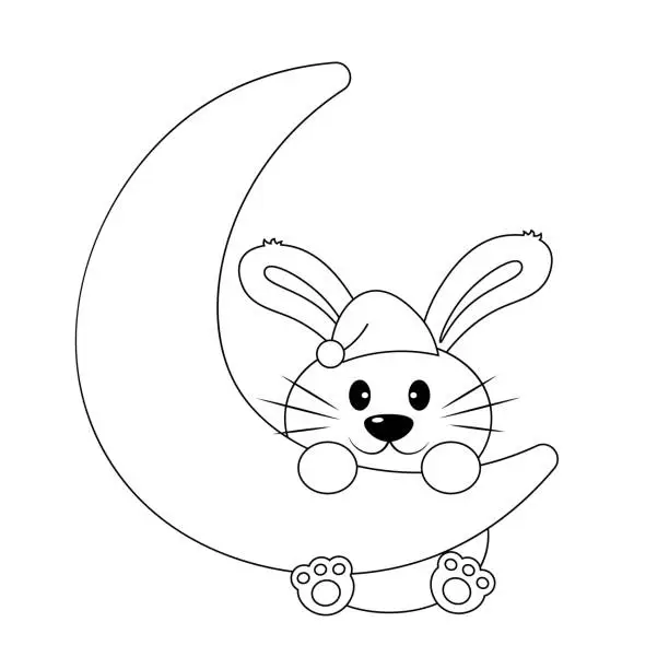 Vector illustration of Cute cartoon sleep Rabbit on moon in black and white