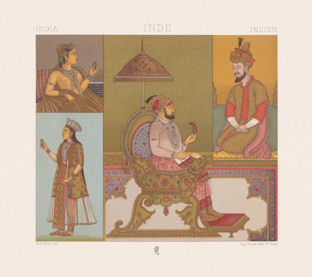 Emperors of the Mughal Empire and women, chromolithograph, published in 1888 Emperors of the Mughal Empire and women (16th to 18th century), left: young married woman at home and in wedding dress (below); center: Farrukhsiyar (1683 - 1719) - the tenth Mughal Emperor from 1713 to 1719); right: Humayun (1508 - 1556) - second Mughal emperor. Chromolithograph from the book "Le Costume Historique (Historical Costume)", published by Albert Charles Auguste Racinet, Libraire Firmin-Didot et Cie, Paris, in 1888. mughal empire stock illustrations