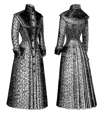 A 1890s Victorian style fashion, ladies Karakul or Astrakhan sheepskin overcoat, front and back views. Vintage photo etching circa 19th century.
