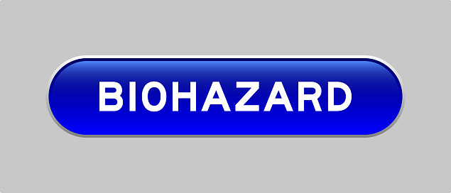 Blue color capsule shape button with word biohazard on gray background