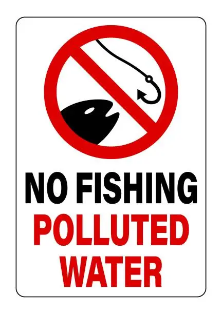 Vector illustration of No fishing, polluted water. Ban sign with text below.