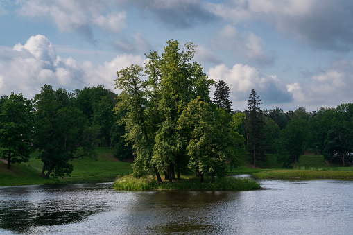 View of the Lower Pond in the Oranienbaum Palace and Park Ensemble on a sunny summer day, Lomonosov, St. Petersburg, Russia