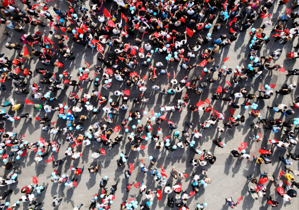 View of crowded people from above with drone