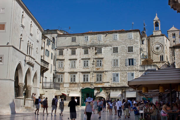 Split, Croatia - september 14: People's Square in the centre of Split. Old medieval square  september14, 2023 in Split, Croatia
