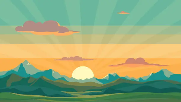 Vector illustration of Landscape during the sunset, mountain valley with majestic mountains and sky. view great natural