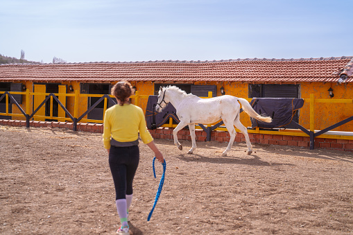 Part of a series at the horse ranch: Woman guiding horse with reins