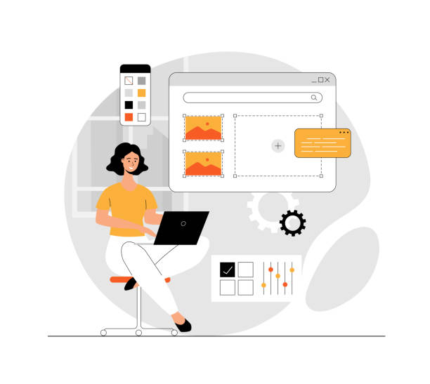 ilustrações de stock, clip art, desenhos animados e ícones de web design studio, site development company. web designer build user friendly interface. illustration with people scene in flat design for website and mobile development. - criação de conteúdo