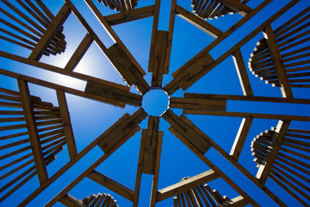 istock architectural wooden structure with a complex pattern of intersecting beams that frame the sky above 2135855054