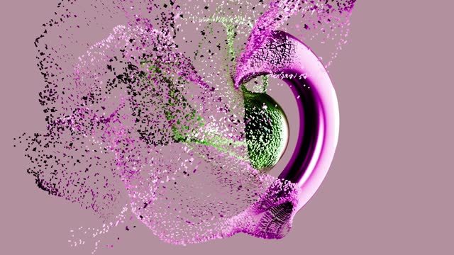 3d animation. Fantastic pink torus and green sphere in the center on lilac background disappear. Fantastic background