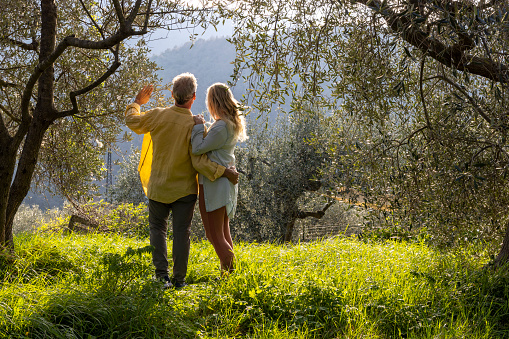 Mature couple relax in olive grove in springtime