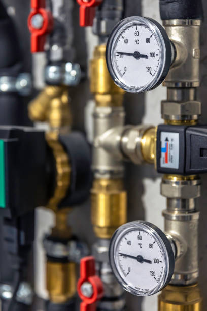 istock Pressure sensor on the hot water pressure reducing valve. 2135882647