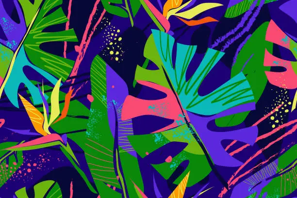 Vector illustration of Abstract art seamless pattern with tropical leaves and flowers. Bright and colorful strelitzia flowers, monstera leaves and abstract elements on dark background. Modern exotic jungle plants.