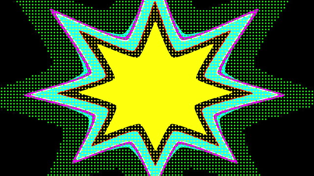 Cartoon colorful comic star fast transition animation with halftone on black background