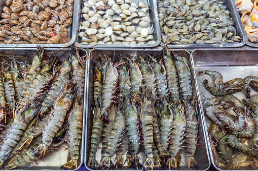 Live tiger prawns and various shellfish at a restaurant in Phu Quoc, Vietnam