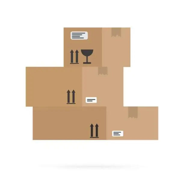 Vector illustration of Several mailboxes made of brown cardboard lie on top of each other. Illustration in flat style