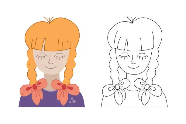 Vector illustration of Girl with two pigtails and bows. Doodle vector illustration.