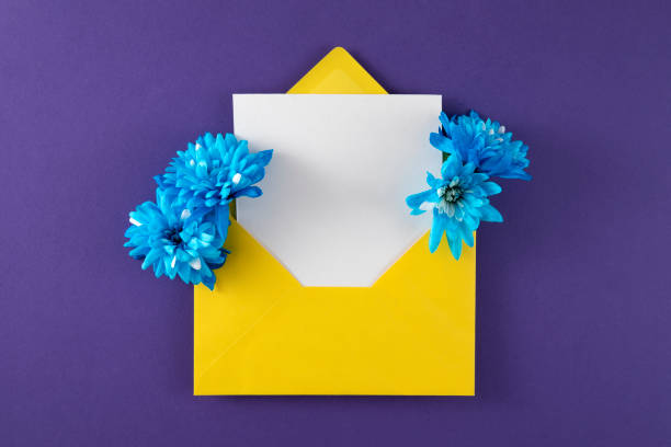 Mother’s Day concept with flowers in yellow envelope with greeting card on purple background