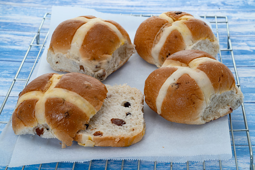 Hot cross buns for Easter on a baking tray