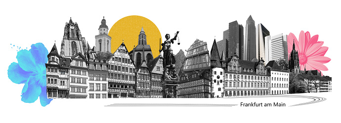 Landmarks collage of the city of Frankfurt am Main, Germany - contemporary creative modern art collage or design - travel concept in retro style