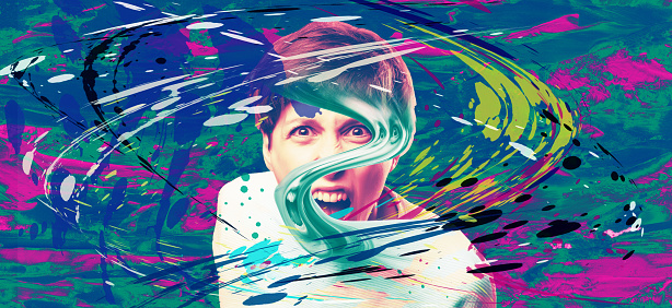 Fury. Frustrated and angry woman screaming. Modern art collage, design. Human emotions concept.