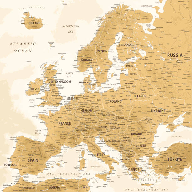 europa - hochdetaillierte relieftopographische vektorkarte von europa. ideal für die printplakate. golden spot beige retro-stil - iceland map city map relief map stock-grafiken, -clipart, -cartoons und -symbole
